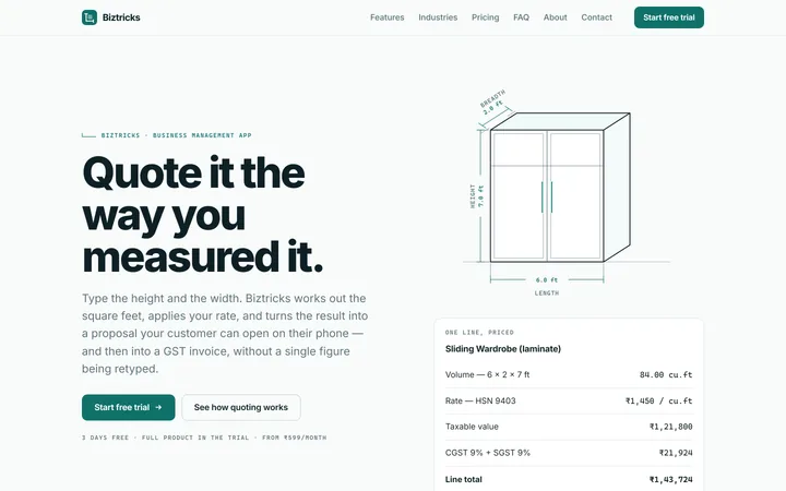 The Biztricks home page: a dimensional quotation turning measurements into a GST-priced line.