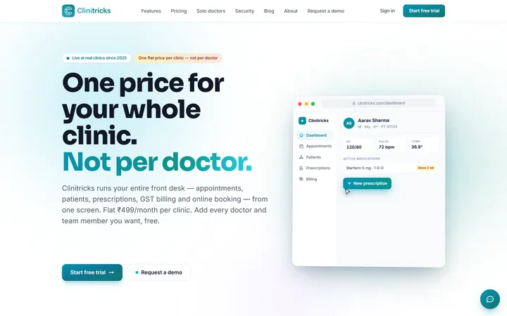 The Clinitricks home page: one flat price per clinic, with the front-desk dashboard alongside.
