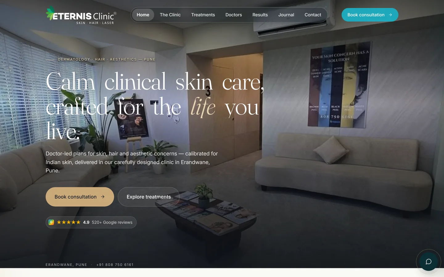 Screenshot of the Eternis Clinic website